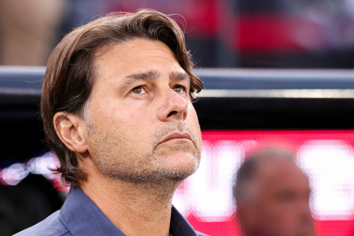 Head coach Mauricio Pochettino of the United States stands for the national anthem before a FIFA World Cup 2026 match against Türkiye, Thursday June 25, 2026 in Inglewood, Calif.