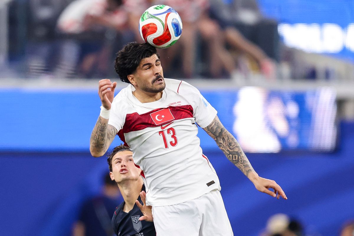 Evren Eren Elmali #13 of Türkiye heads the ball during a 2026 FIFA World Cup match against the United States, Thursday June 25, 2026 in Inglewood, Calif.