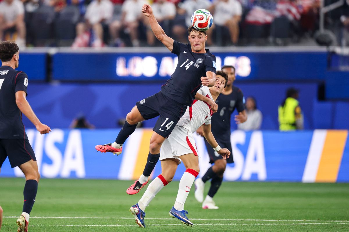 Sebastian Berhalter #14 of the United States heads the ball during a FIFA World Cup 2026 match against Türkiye, Thursday June 25, 2026 in Inglewood, Calif.