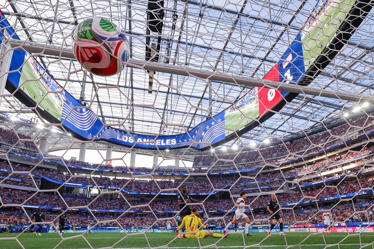 Arda Güler #8 of Türkiye scores a goal during a 2026 FIFA World Cup match against the United States, Thursday June 25, 2026 in Inglewood, Calif.