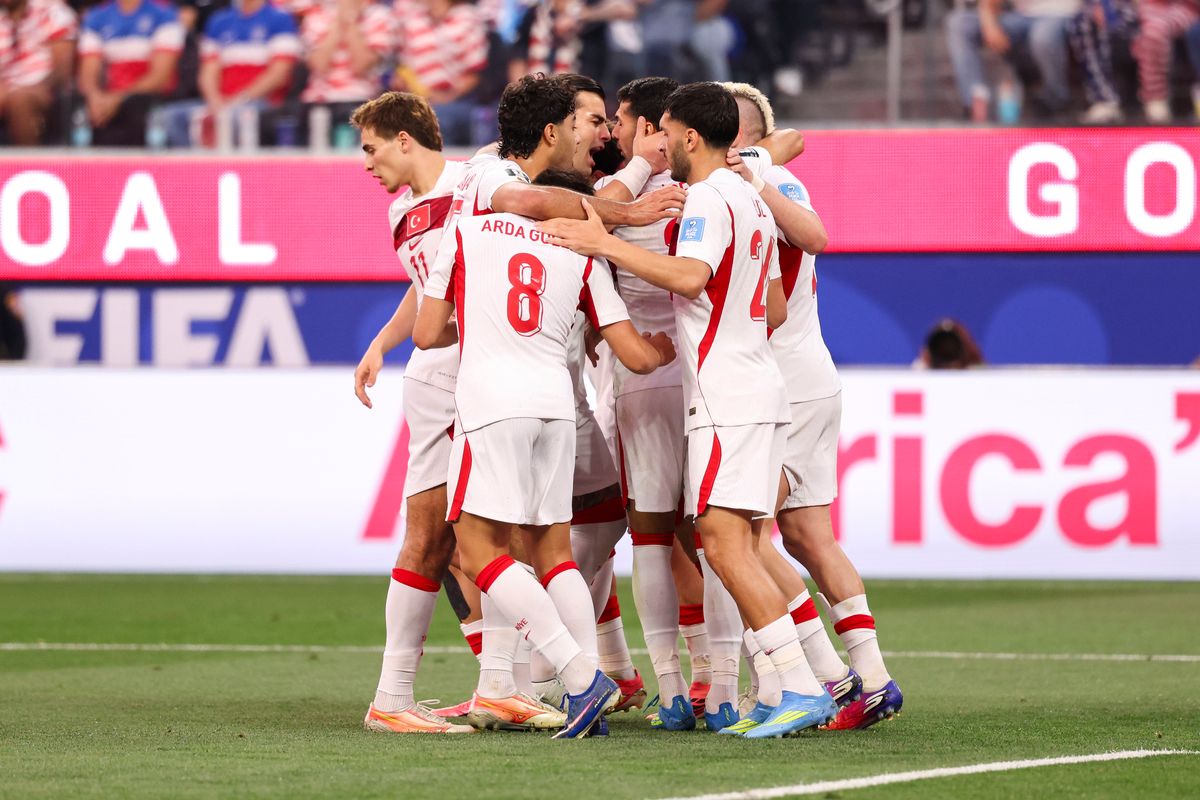 Türkiye players celebrate a goal during a 2026 FIFA World Cup match against the United States, Thursday June 25, 2026 in Inglewood, Calif.