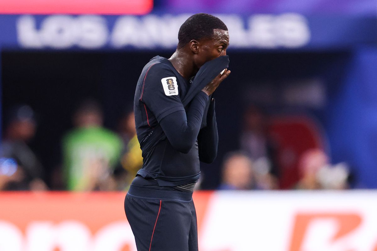 Timothy Weah #21 of the United States reacts during a FIFA World Cup 2026 match against Türkiye, Thursday June 25, 2026 in Inglewood, Calif.