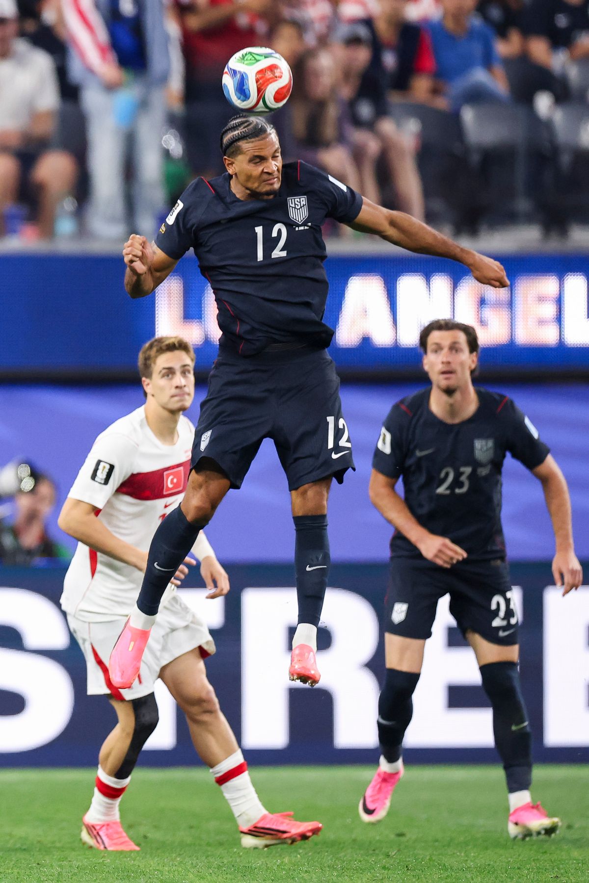 Miles Robinson #12 of the United States heads the ball during a FIFA World Cup 2026 match against Türkiye, Thursday June 25, 2026 in Inglewood, Calif.