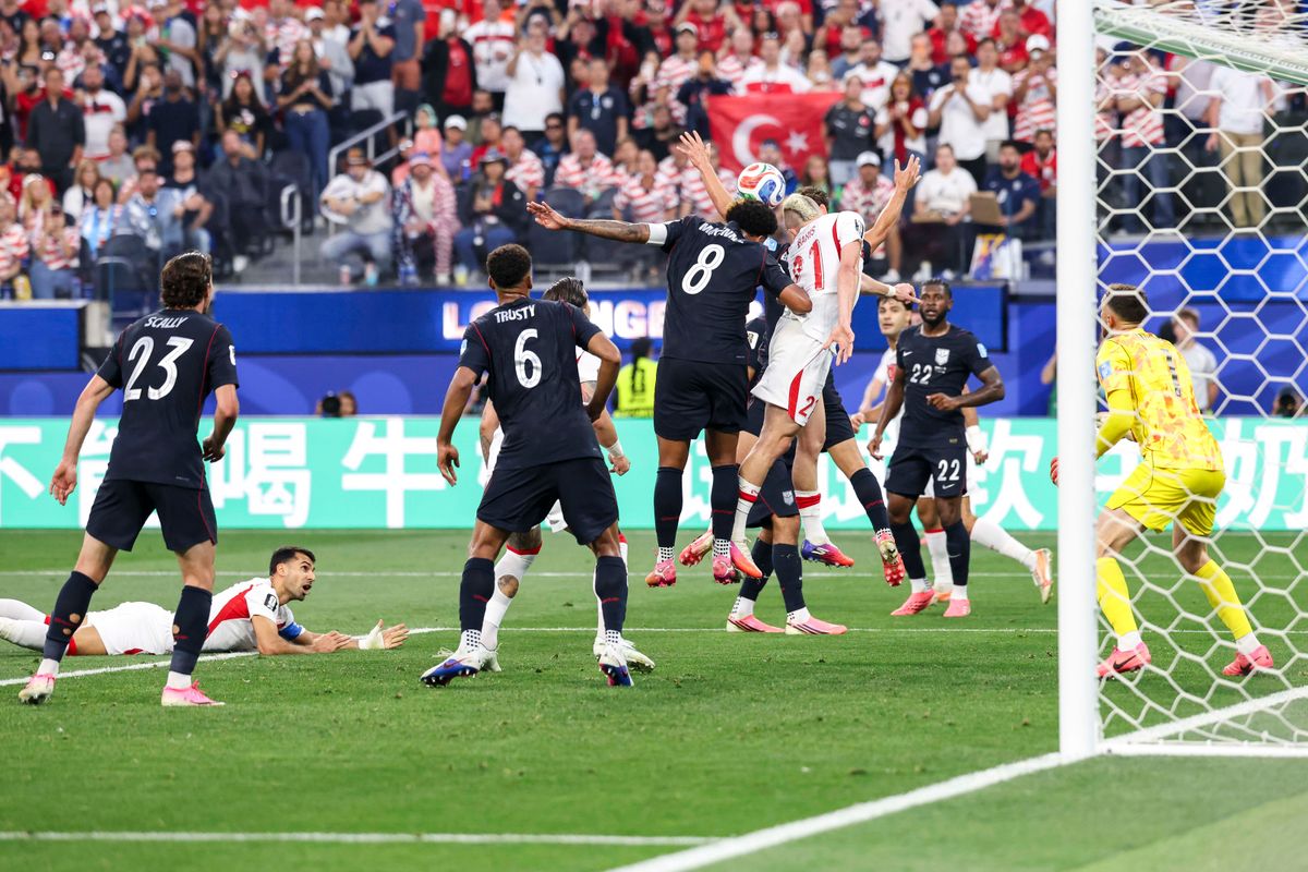 Weston McKennie #8 of the United States and Bariş Alper Yilmaz #21 of Türkiye head the ball during a 2026 FIFA World Cup match, Thursday June 25, 2026 in Inglewood, Calif.