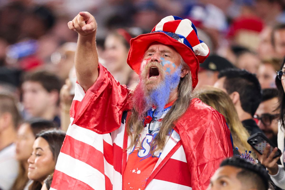 A United States fan points during a 2026 FIFA World Cup match between the United States and Türkiye, Thursday June 25, 2026 in Inglewood, Calif.