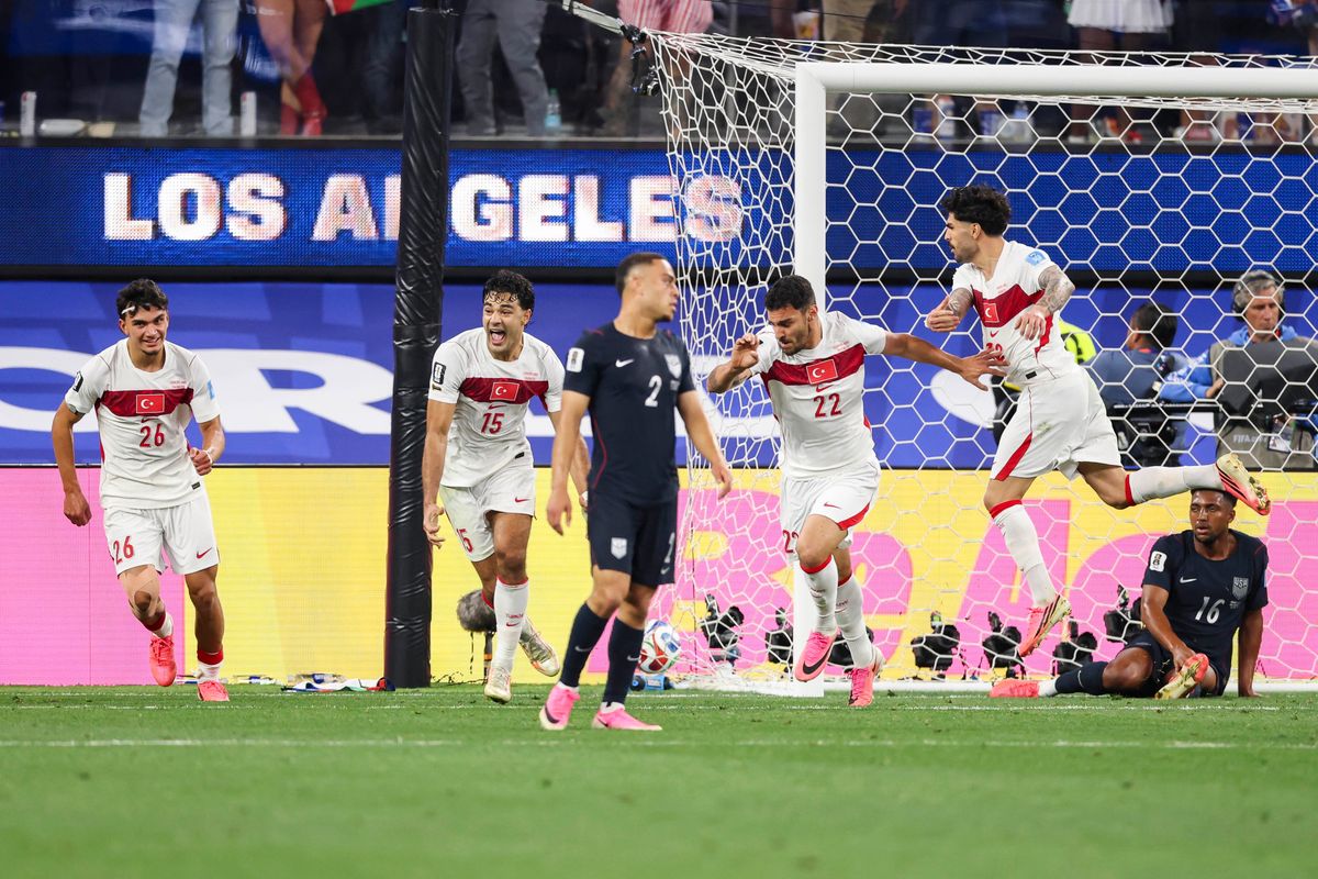 Türkiye players celebrate the game winning goal in extra time during a 2026 FIFA World Cup match against the United States, Thursday June 25, 2026 in Inglewood, Calif.