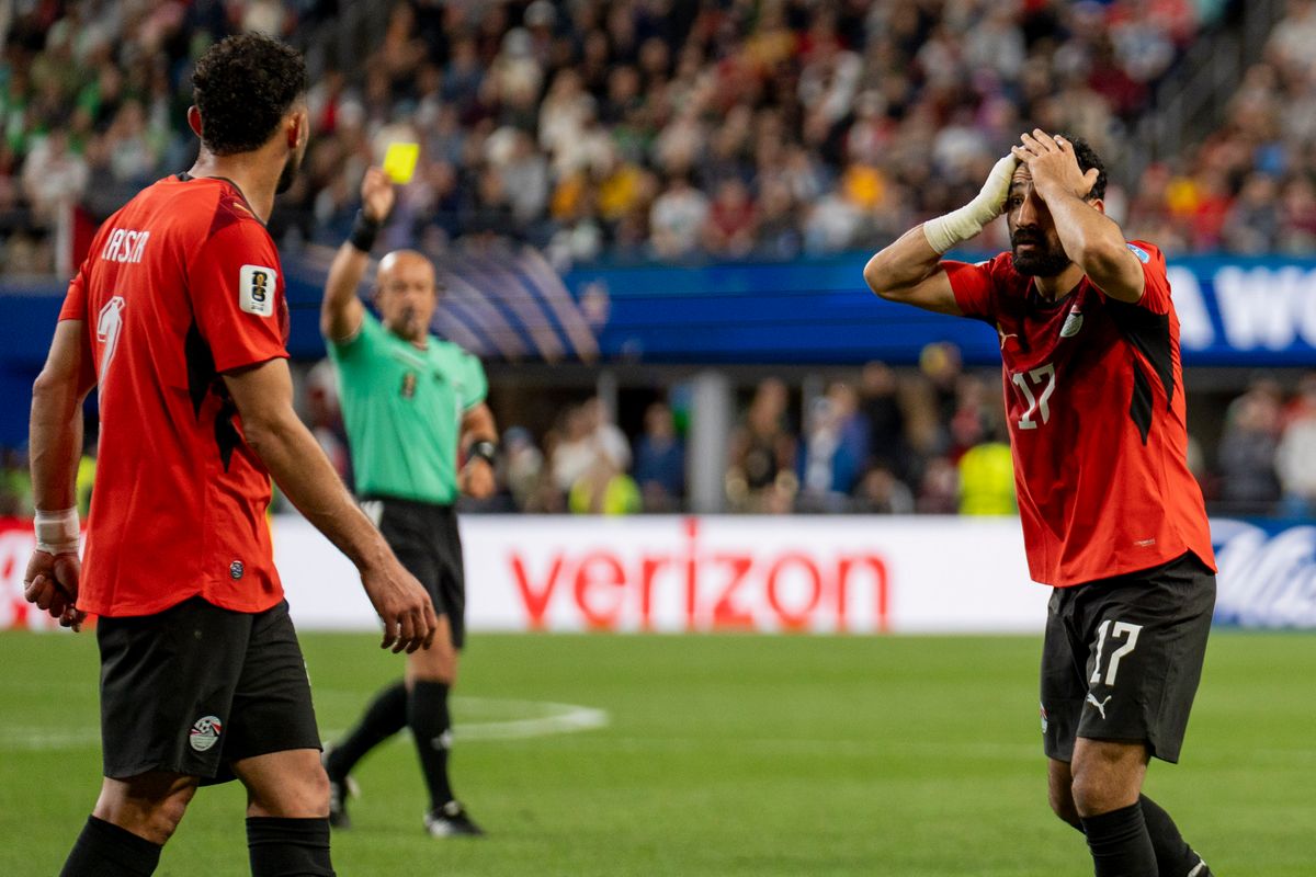 #17 Mohanad Lasheen of Egypt disagrees with his yellow card during a FIFA World Cup match against Iran, Friday June 26th, 2026 in Seattle, Washington. 