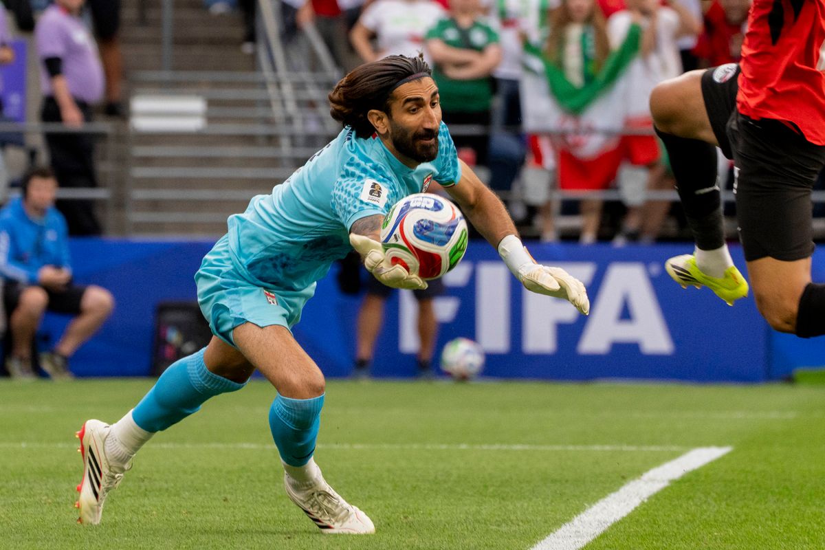 #1 Alireza Beiranvand goalie of Iran gets a save during a FIFA World Cup match against Egypt, Friday June 26th, 2026 in Seattle, Washington. 