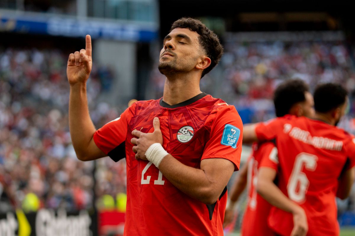 #21 Mahmoud Saber of Egypt celebrates his goal during a FIFA World Cup match against Iran, Friday June 26th, 2026 in Seattle, Washington. 
