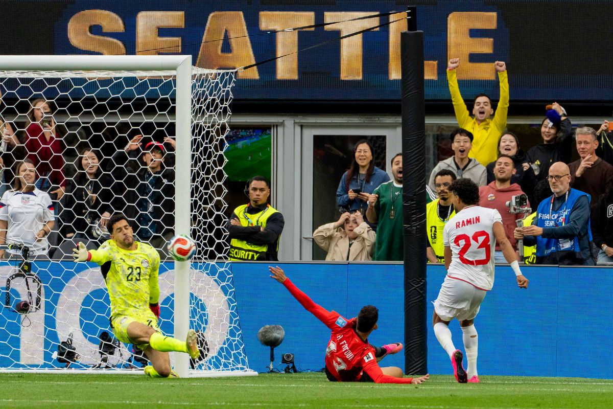 #23 Ramin Rezaeian of Iran scores a goal during a FIFA World Cup match against Egypt, Friday June 26th, 2026 in Seattle, Washington. 