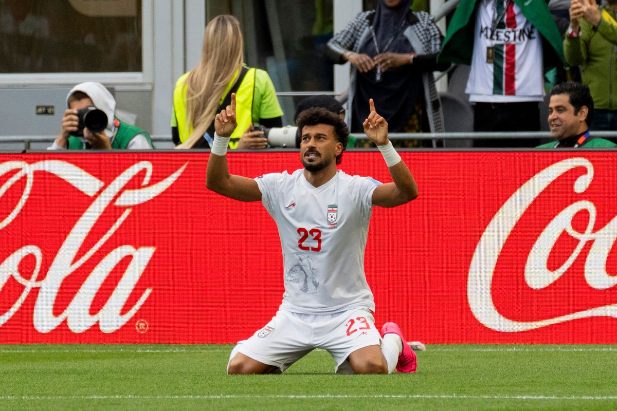 #23 Ramin Rezaeian of Iran celebrates his goal during a FIFA World Cup match against Egypt, Friday June 26th, 2026 in Seattle, Washington. 