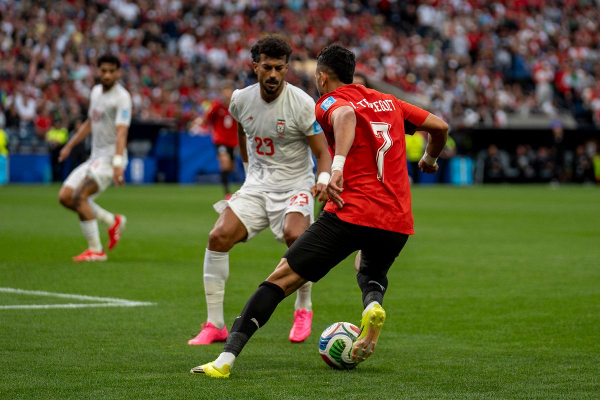 #7 Trezeguet of Egypt beats his defender during a FIFA World Cup match against Iran, Friday June 26th, 2026 in Seattle, Washington. 