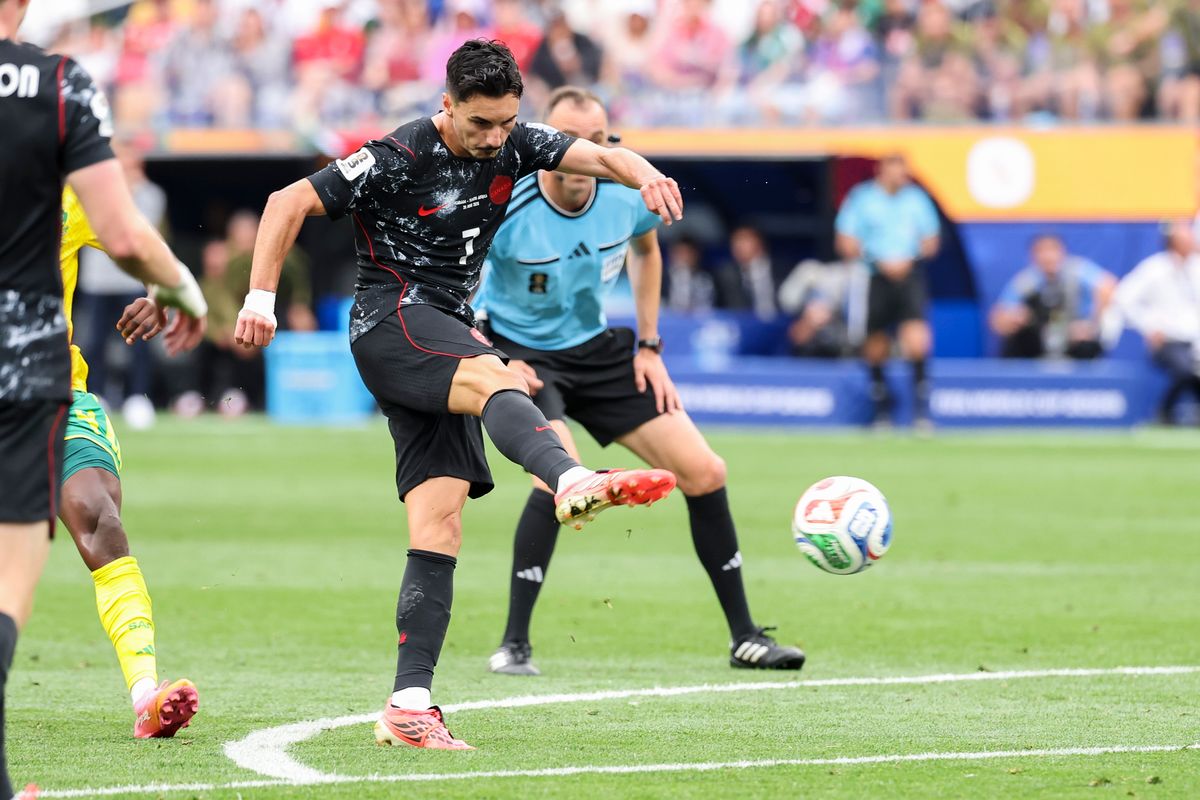 Stephen Eustáquio #7 of Canada scores the game winning goal during a FIFA World Cup 2026 match against South Africa, Sunday June 28, 2026 in Inglewood, Calif.