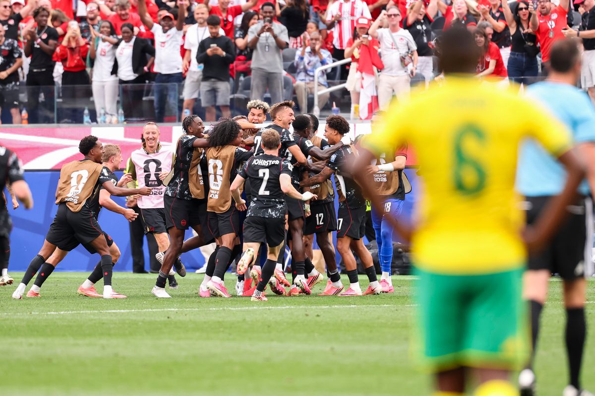 Canada players celebrate the game winning goal during a FIFA World Cup 2026 match against South Africa, Sunday June 28, 2026 in Inglewood, Calif.
