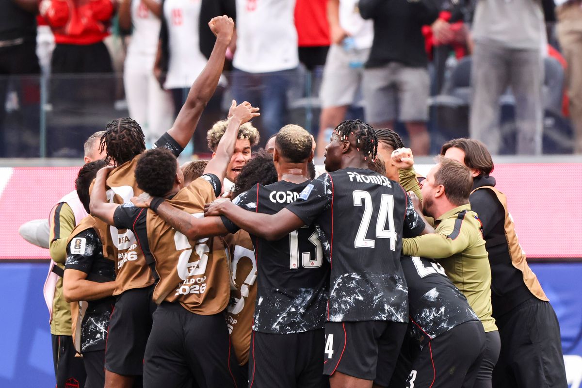 Canada players celebrate the game winning goal during a FIFA World Cup 2026 match against South Africa, Sunday June 28, 2026 in Inglewood, Calif.