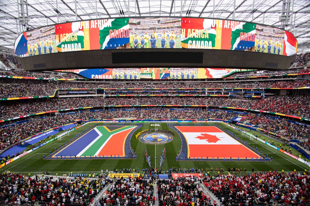 A general view of SoFi Stadium as the national anthems are played before a 2026 FIFA World Cup match between Canada and South Africa, Sunday June 28, 2026 in Inglewood, Calif.