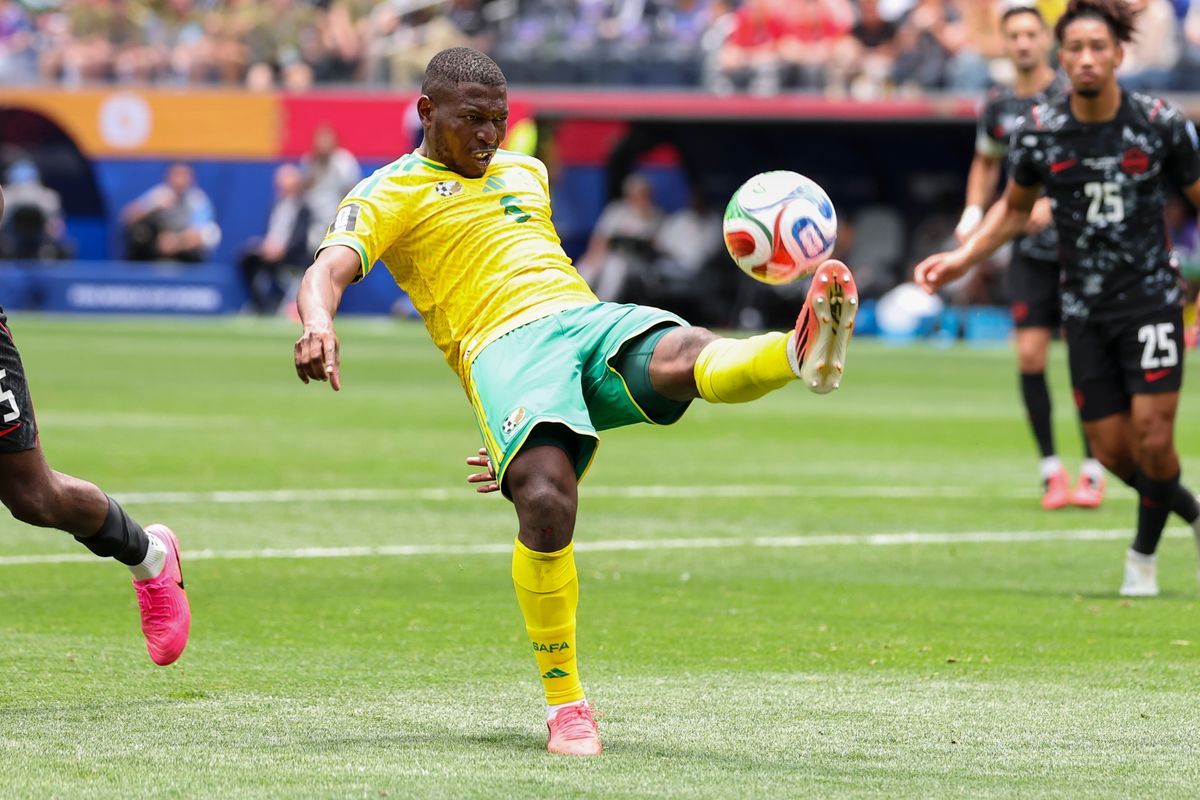 Aubrey Modiba #6 of South Africa kicks the ball during a 2026 FIFA World Cup match against Canada, Sunday June 28, 2026 in Inglewood, Calif.