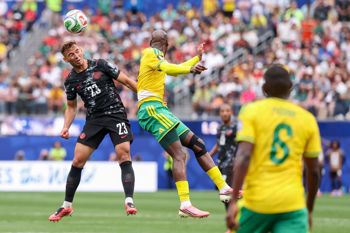 Niko Sigur #23 of Canada heads the ball during a FIFA World Cup 2026 match against South Africa, Sunday June 28, 2026 in Inglewood, Calif.