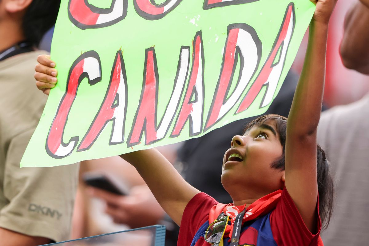 A young Canada fan holds up a sign during a 2026 FIFA World Cup match between Canada and South Africa, Sunday June 28, 2026 in Inglewood, Calif.