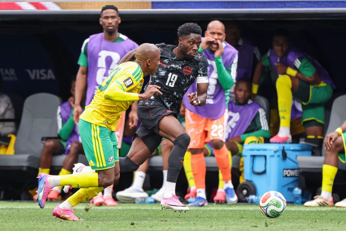 Alphonso Davies #19 of Canada dribbles the ball upfield during a FIFA World Cup 2026 match against South Africa, Sunday June 28, 2026 in Inglewood, Calif.