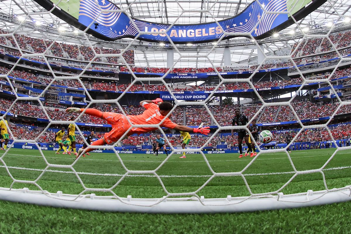 The game winning goal gets past Ronwen Williams #1 of South Africa during a 2026 FIFA World Cup match against Canada, Sunday June 28, 2026 in Inglewood, Calif.