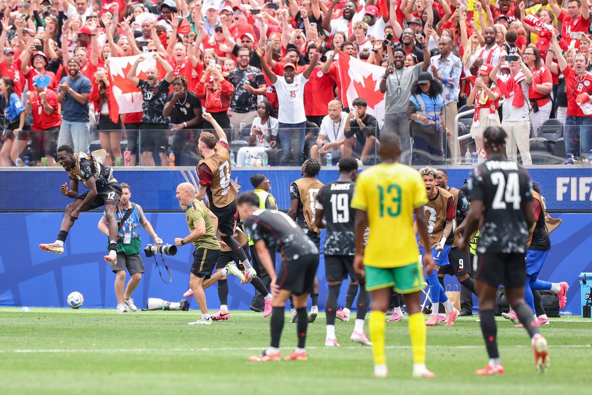 Canada players celebrate as the final whistle sounds during a FIFA World Cup 2026 match against South Africa, Sunday June 28, 2026 in Inglewood, Calif.