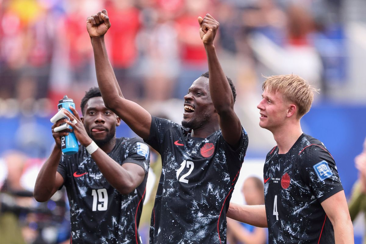 Tani Oluwaseyi #12 of Canada raises his arms in celebration after a FIFA World Cup 2026 match against South Africa, Sunday June 28, 2026 in Inglewood, Calif.