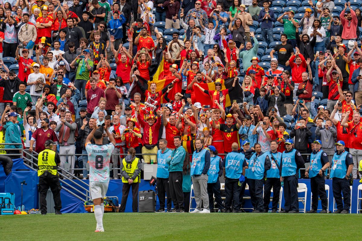 #8 Lamine Camara of Belgium cheering on the fans after a FIFA World Cup match against Senegal, Wednesday July 1st, 2026 in Seattle, Washington. #8 Lamine Camara of Belgium cheering on the fans after a FIFA World Cup match against Senegal, Wednesday July 1st, 2026 in Seattle, Washington.