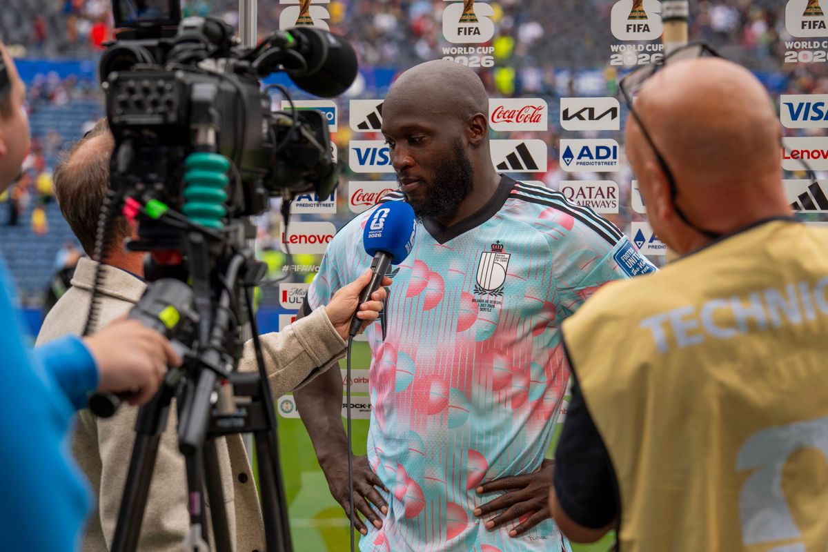 #9 Romelu Lukaku of Belgium being interviewed after a FIFA World Cup match against Senegal, Wednesday July 1st, 2026 in Seattle, Washington. #9 Romelu Lukaku of Belgium being interviewed after a FIFA World Cup match against Senegal, Wednesday July 1st, 2026 in Seattle, Washington.