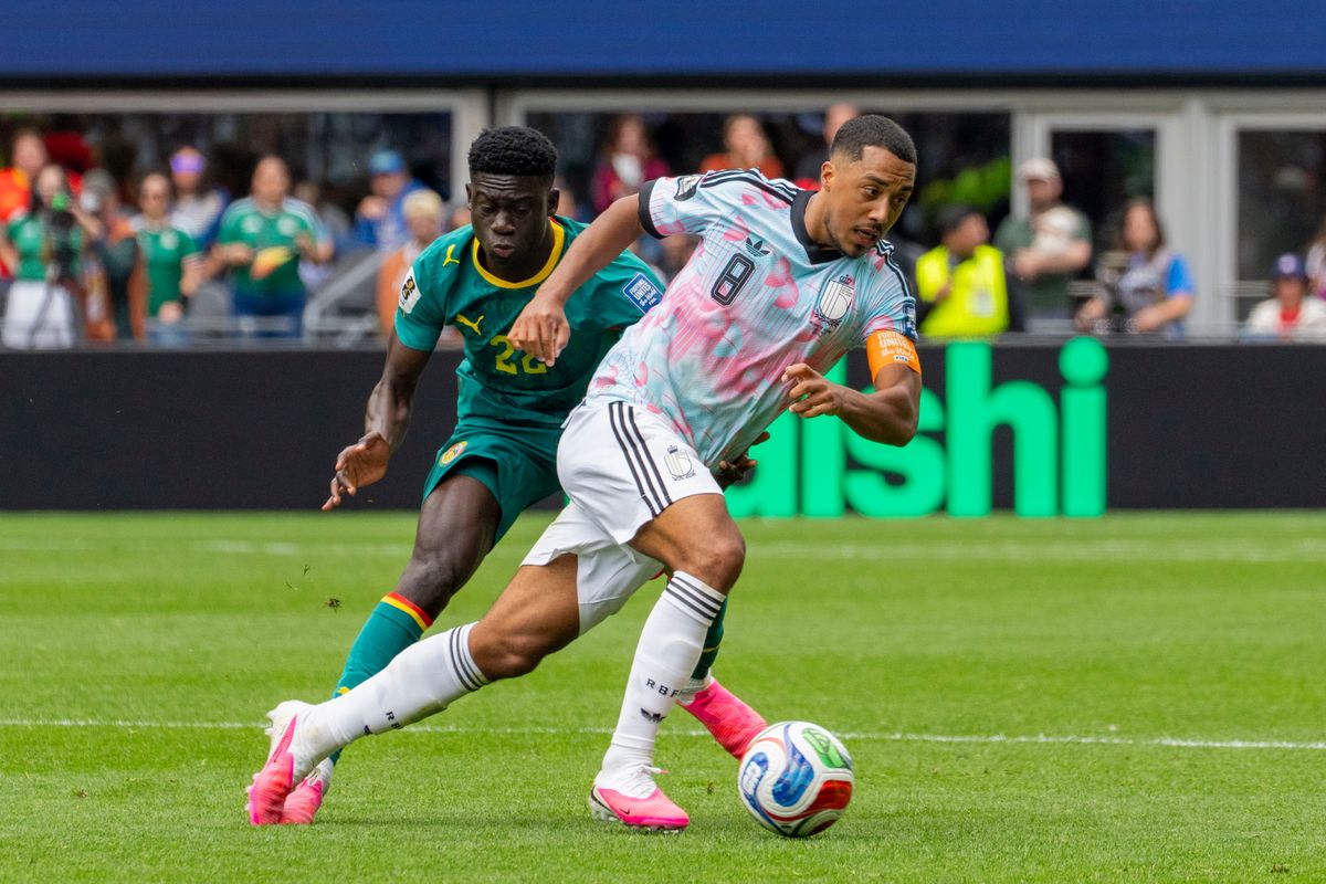 #8 Lamine Camara of Belgium beats his defender during a FIFA World Cup match against Senegal, Wednesday July 1st, 2026 in Seattle, Washington. #8 Lamine Camara of Belgium beats his defender during a FIFA World Cup match against Senegal, Wednesday July 1st, 2026 in Seattle, Washington.