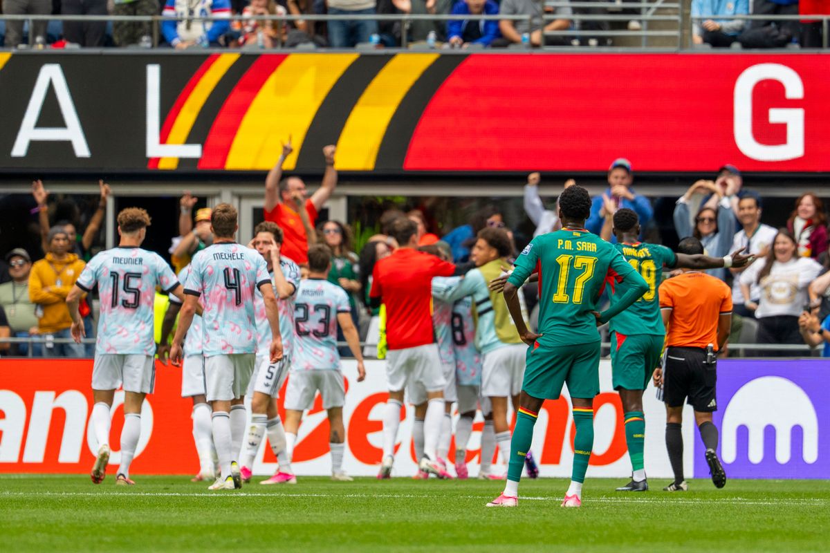 #17 Pape Matar Sarr of Senegal watches Belgium celebrate during a FIFA World Cup match against Belgium, Wednesday July 1st, 2026 in Seattle, Washington. #17 Pape Matar Sarr of Senegal watches Belgium celebrate during a FIFA World Cup match against Belgium, Wednesday July 1st, 2026 in Seattle, Washington.