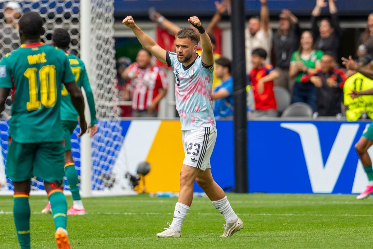 #23 Nicolas Raskin of Belgium celebrates Belgium's first goal during a FIFA World Cup match against Senegal, Wednesday July 1st, 2026 in Seattle, Washington. #23 Nicolas Raskin of Belgium celebrates Belgium's first goal during a FIFA World Cup match against Senegal, Wednesday July 1st, 2026 in Seattle, Washington.