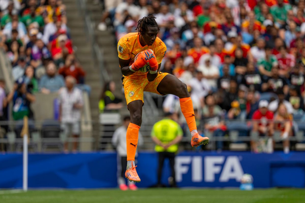 The goalie Edouard Mendy of Senegal with a save during a FIFA World Cup match against Belgium, Wednesday July 1st, 2026 in Seattle, Washington. The goalie Edouard Mendy of Senegal with a save during a FIFA World Cup match against Belgium, Wednesday July 1st, 2026 in Seattle, Washington.