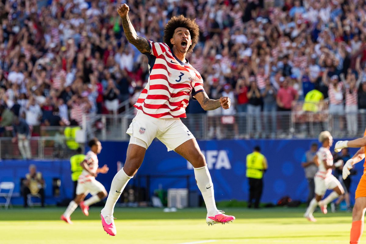 Chris Richards (3) of USA celebrates a goal during a 2026 FIFA World Cup match against Bosnia and Herzegovina, Wednesday July 1st, 2026 in Santa Clara, Calif. Chris Richards (3) of USA celebrates a goal during a 2026 FIFA World Cup match against Bosnia and Herzegovina, Wednesday July 1st, 2026 in Santa Clara, Calif.