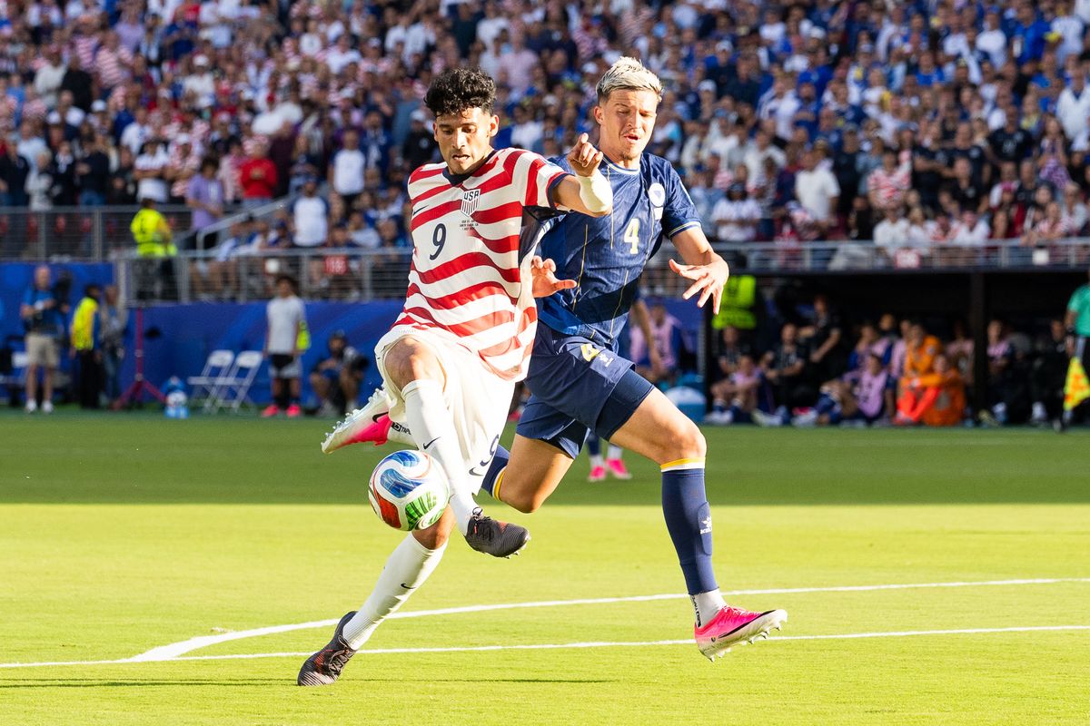Ricardo Pepi (9) of Team USA fights for possession during a 2026 FIFA World Cup match against Bosnia and Herzegovina, Wednesday July 1st, 2026 in Santa Clara, Calif. Ricardo Pepi (9) of Team USA fights for possession during a 2026 FIFA World Cup match against Bosnia and Herzegovina, Wednesday July 1st, 2026 in Santa Clara, Calif.