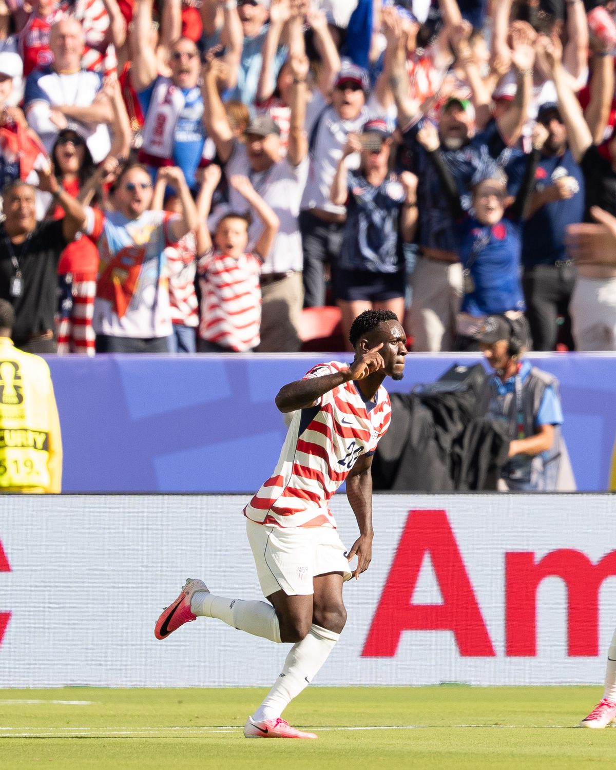 Folarin Balogun (20) of USA celebrates after scoring a goal during a 2026 FIFA World Cup match against Bosnia and Herzegovina, Wednesday July 1st, 2026 in Santa Clara, Calif. Folarin Balogun (20) of USA celebrates after scoring a goal during a 2026 FIFA World Cup match against Bosnia and Herzegovina, Wednesday July 1st, 2026 in Santa Clara, Calif.