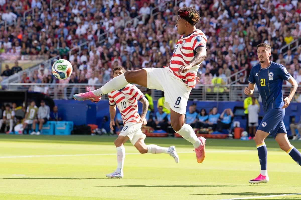 Weston Mckennie (8) of the USA kicking the ball during a 2026 FIFA World Cup match against Bosnia and Herzegovina, Wednesday July 1st, 2026 in Santa Clara, Calif. Weston Mckennie (8) of the USA kicking the ball during a 2026 FIFA World Cup match against Bosnia and Herzegovina, Wednesday July 1st, 2026 in Santa Clara, Calif.