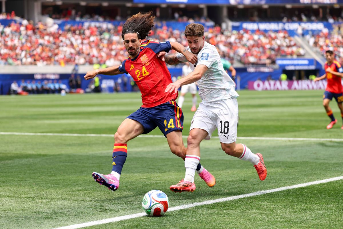 Marc Cucurella #24 of Spain and Romano Schmid #18 of Austria battle for the ball during a 2026 FIFA World Cup match, Thursday July 2, 2026 in Inglewood, Calif. Marc Cucurella #24 of Spain and Romano Schmid #18 of Austria battle for the ball during a 2026 FIFA World Cup match, Thursday July 2, 2026 in Inglewood, Calif.