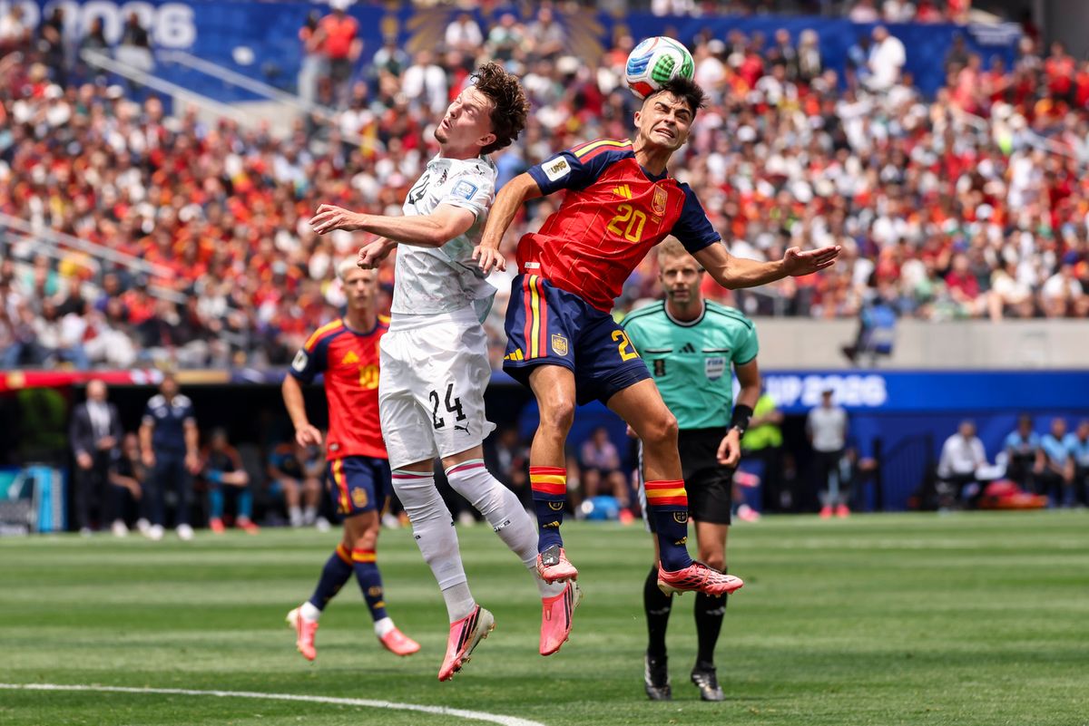 Pedri #20 of Spain and Paul Wanner #24 of Austria jump for a header during a 2026 FIFA World Cup match, Thursday July 2, 2026 in Inglewood, Calif. Pedri #20 of Spain and Paul Wanner #24 of Austria jump for a header during a 2026 FIFA World Cup match, Thursday July 2, 2026 in Inglewood, Calif.