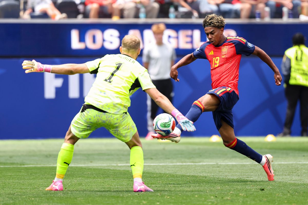 Lamine Yamal #19 of Spain shoots the ball as the goalkeeper Alexander Schlager #1 of Austria comes out to defend during a 2026 FIFA World Cup match, Thursday July 2, 2026 in Inglewood, Calif. Lamine Yamal #19 of Spain shoots the ball as the goalkeeper Alexander Schlager #1 of Austria comes out to defend during a 2026 FIFA World Cup match, Thursday July 2, 2026 in Inglewood, Calif.