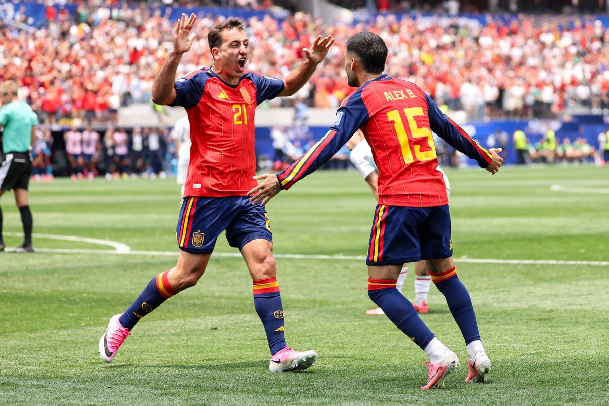 Mikel Oyarzabal #21 and Álex Baena #15 of Spain celebrate a goal during a FIFA World Cup 2026 match against Austria, Thursday July 2, 2026 in Inglewood, Calif. Mikel Oyarzabal #21 and Álex Baena #15 of Spain celebrate a goal during a FIFA World Cup 2026 match against Austria, Thursday July 2, 2026 in Inglewood, Calif.