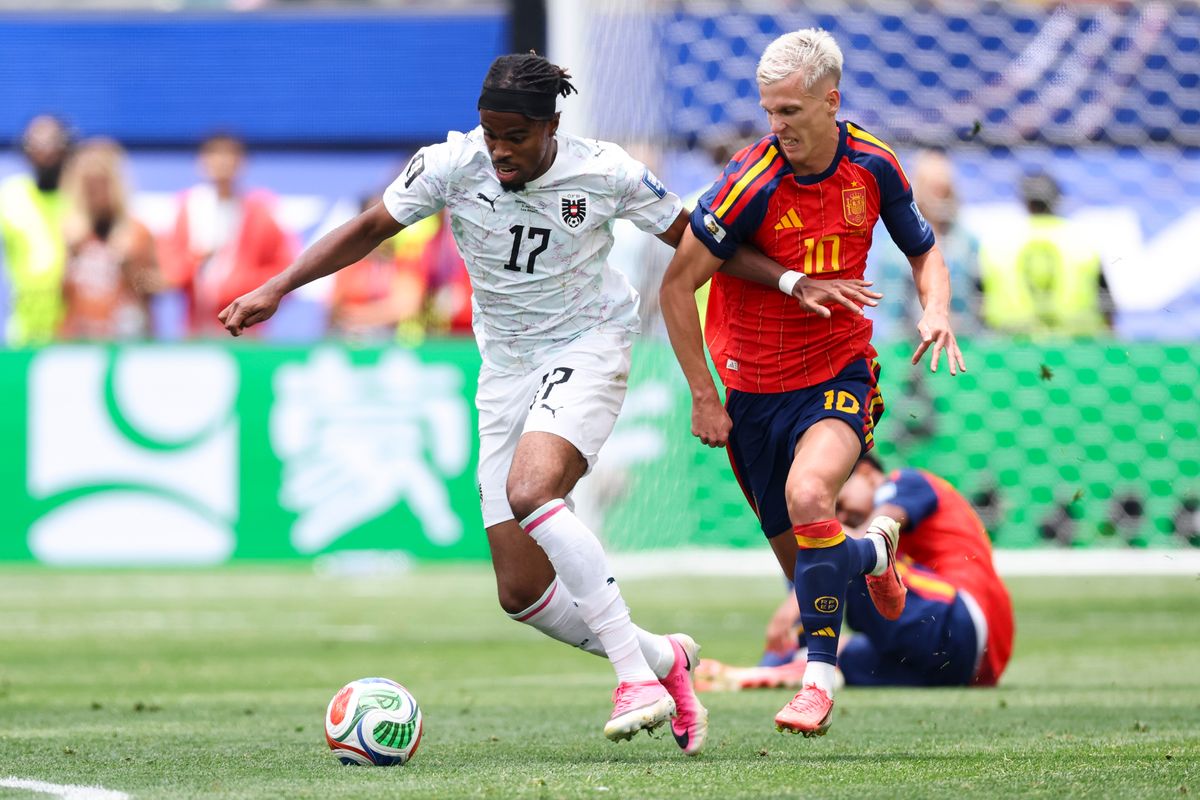 Carney Chukwuemeka #17 of Austria and Dani Olmo #10 of Spain compete for the ball during a 2026 FIFA World Cup match, Thursday July 2, 2026 in Inglewood, Calif. Carney Chukwuemeka #17 of Austria and Dani Olmo #10 of Spain compete for the ball during a 2026 FIFA World Cup match, Thursday July 2, 2026 in Inglewood, Calif.