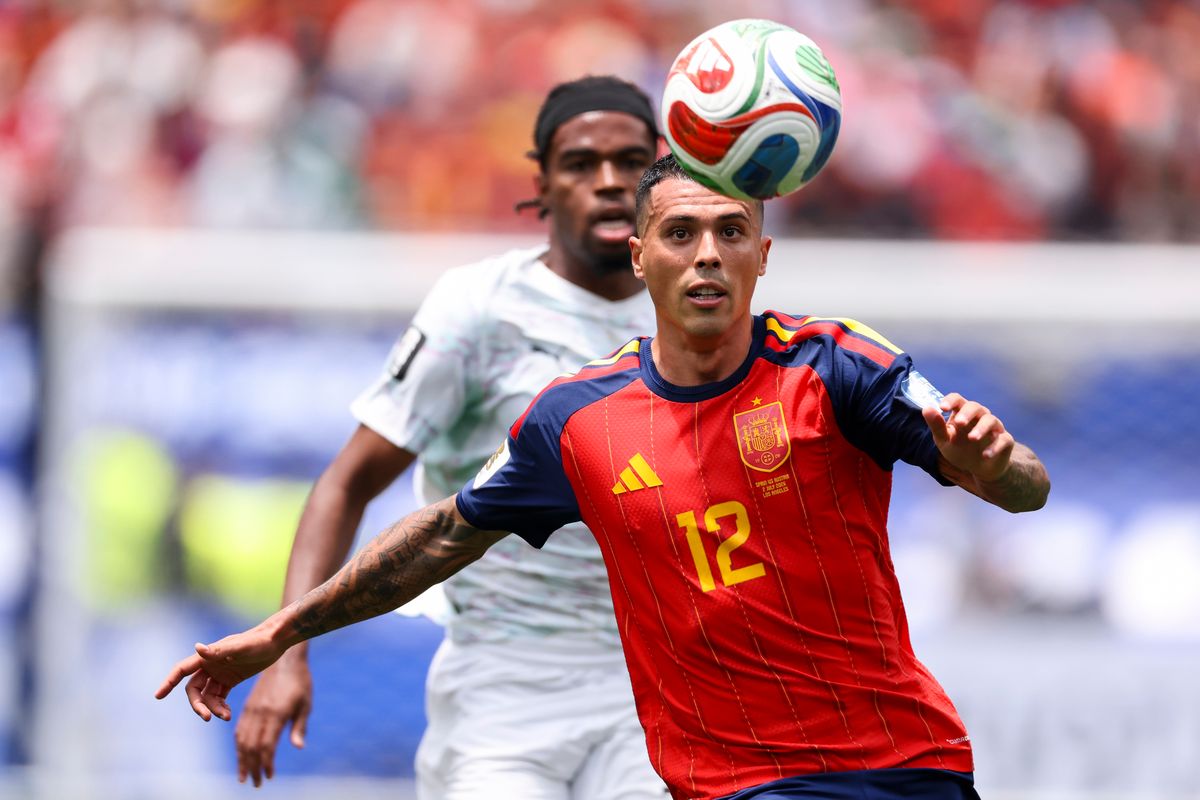 Pedro Porro #12 of Spain has his eyes on the ball during a FIFA World Cup 2026 match against Austria, Thursday July 2, 2026 in Inglewood, Calif. Pedro Porro #12 of Spain has his eyes on the ball during a FIFA World Cup 2026 match against Austria, Thursday July 2, 2026 in Inglewood, Calif.
