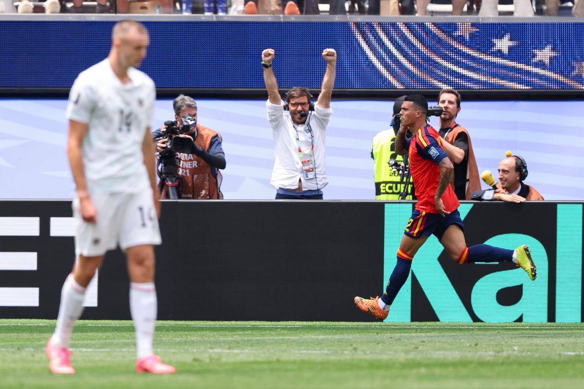 Pedro Porro #12 of Spain celebrates after scoring a goal during a FIFA World Cup 2026 match against Austria, Thursday July 2, 2026 in Inglewood, Calif. Pedro Porro #12 of Spain celebrates after scoring a goal during a FIFA World Cup 2026 match against Austria, Thursday July 2, 2026 in Inglewood, Calif.
