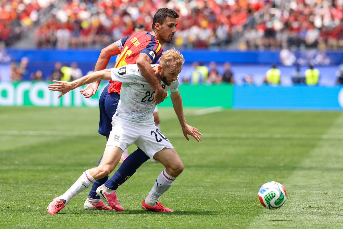Konrad Laimer #20 of Austria and Rodri #16 of Spain compete for the ball during a 2026 FIFA World Cup match, Thursday July 2, 2026 in Inglewood, Calif. Konrad Laimer #20 of Austria and Rodri #16 of Spain compete for the ball during a 2026 FIFA World Cup match, Thursday July 2, 2026 in Inglewood, Calif.