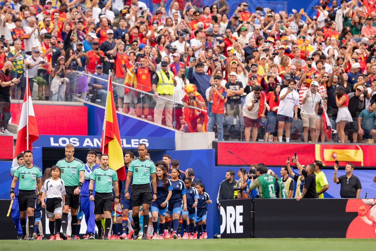 Spain and Austria walk onto the pitch before a 2026 FIFA World Cup match, Thursday July 2, 2026 in Inglewood, Calif. Spain and Austria walk onto the pitch before a 2026 FIFA World Cup match, Thursday July 2, 2026 in Inglewood, Calif.