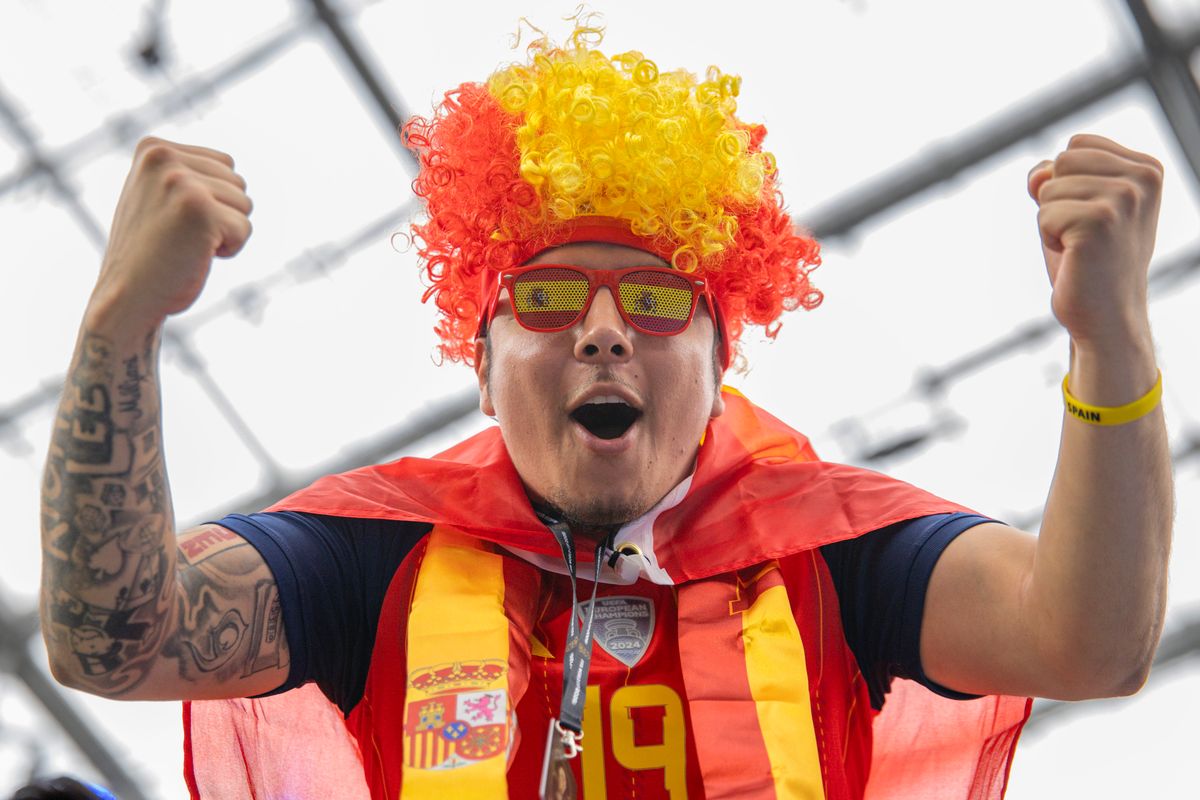 A Spain fan cheers in the stands during a 2026 FIFA World Cup match between Spain and Austria, Thursday July 2, 2026 in Inglewood, Calif. A Spain fan cheers in the stands during a 2026 FIFA World Cup match between Spain and Austria, Thursday July 2, 2026 in Inglewood, Calif.