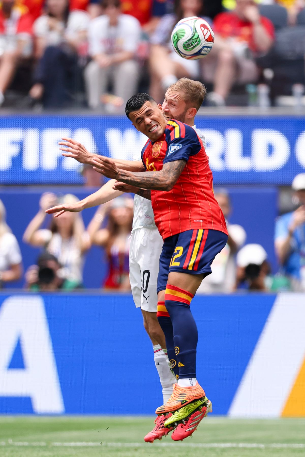 Konrad Laimer #20 of Austria and Pedro Porro #12 of Spain compete for a header during a 2026 FIFA World Cup match, Thursday July 2, 2026 in Inglewood, Calif. Konrad Laimer #20 of Austria and Pedro Porro #12 of Spain compete for a header during a 2026 FIFA World Cup match, Thursday July 2, 2026 in Inglewood, Calif.