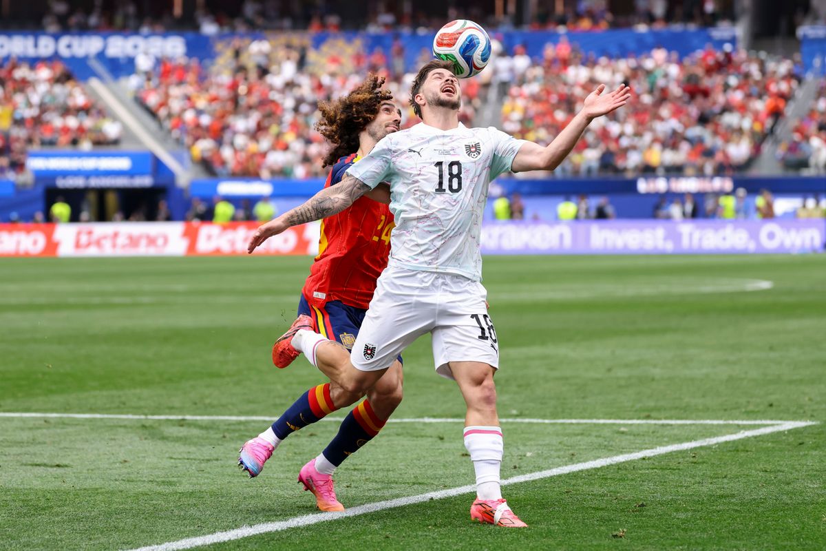 Romano Schmid #18 of Austria heads the ball during a 2026 FIFA World Cup match against Spain, Thursday July 2, 2026 in Inglewood, Calif. Romano Schmid #18 of Austria heads the ball during a 2026 FIFA World Cup match against Spain, Thursday July 2, 2026 in Inglewood, Calif.