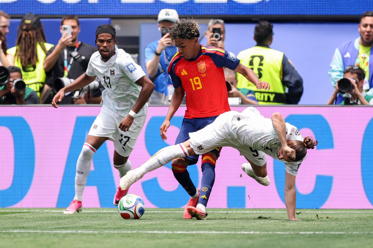 Marcel Sabitzer #9 of Austria and Lamine Yamal #19 of Spain compete for the ball during a 2026 FIFA World Cup match, Thursday July 2, 2026 in Inglewood, Calif. Marcel Sabitzer #9 of Austria and Lamine Yamal #19 of Spain compete for the ball during a 2026 FIFA World Cup match, Thursday July 2, 2026 in Inglewood, Calif.